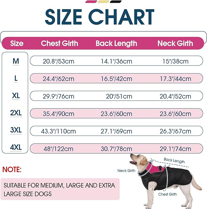 ROZKITCH Dog Jacket for Cold Weather, Dog Coat for Autumn Winter with Turtleneck, Pet Clothes with Adjustable Buckles, Soft Warm Pet Clothing with Reflective Strip for Medium Large Dogs Black M