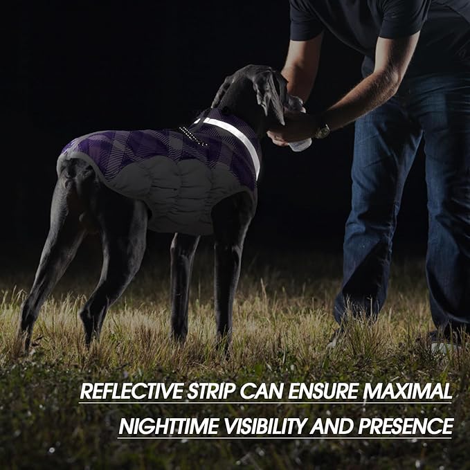 FUAMEY Dog Coat for Small Dogs,Waterproof Dog Winter Jacket with Harness Built in Puppy Cold Weather Coats Reflective Pet Vest with Zipper Warm Fleece Dogs Snowsuit Windproof Purple Plaid S