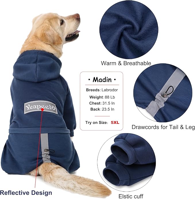 Dog Hoodies Winter Coat for Large Medium Dogs, Pullover 10 Legs Warm Coat Hooded Sweatshirt, Fleece Hoodie for Cold Weather (Dark Blue, 4X-Large)