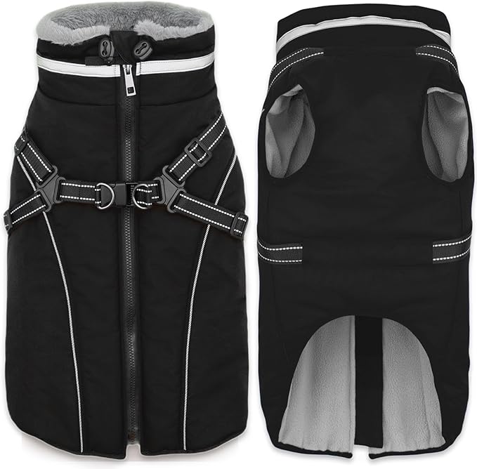 Fragralley Dog Coat with Harness Built in, Waterproof Windproof Reflective Warm Puffer Jacket, Fleece Lined Vest Winter Parka for Small, Medium, Large Dogs