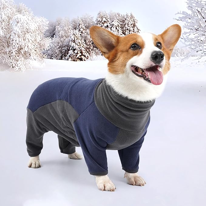 Dog Winter Coat - Soft Warm Pajamas, Windproof Fleece Dog Sweatshirt, Cold Weather Clothes, High Neck Full Body Onesie for Walking, Hiking, Travel, Home Wear, Blue Grey M