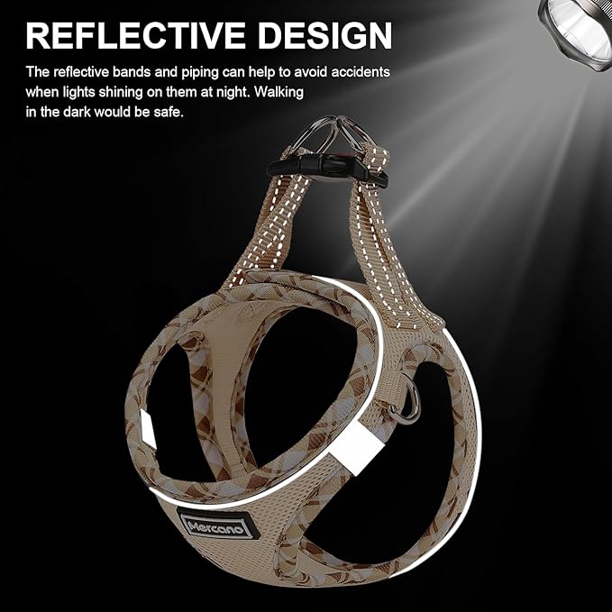 Mercano Soft Mesh Dog Harness and Leash Set, No-Chock Step-in Reflective Breathable Lightweight Easy Walk Vest Harnesses with Safety Buckle for Small Dogs, Cats (Beige, XXS)