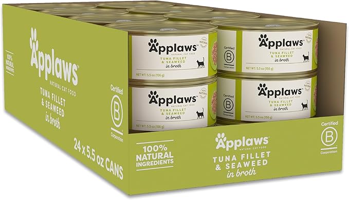 Applaws Natural Wet Cat Food, 24 Count, Limited Ingredient Canned Wet Cat Food, Tuna Fillet with Seaweed in Broth, 5.5oz Cans