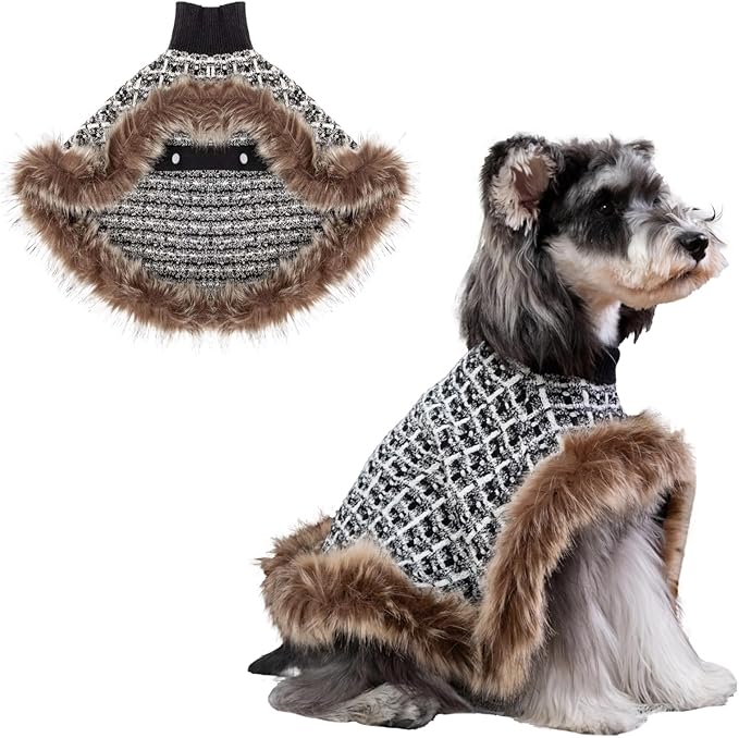 Dog Sweater Cloak, Pearl Cotton Bouclé Yarn Puppy Sweater, Cold Weather Coat Knitwear for Small Dogs, Classic Turtleneck Thick Dog Clothes with Thick Fluff DS95M