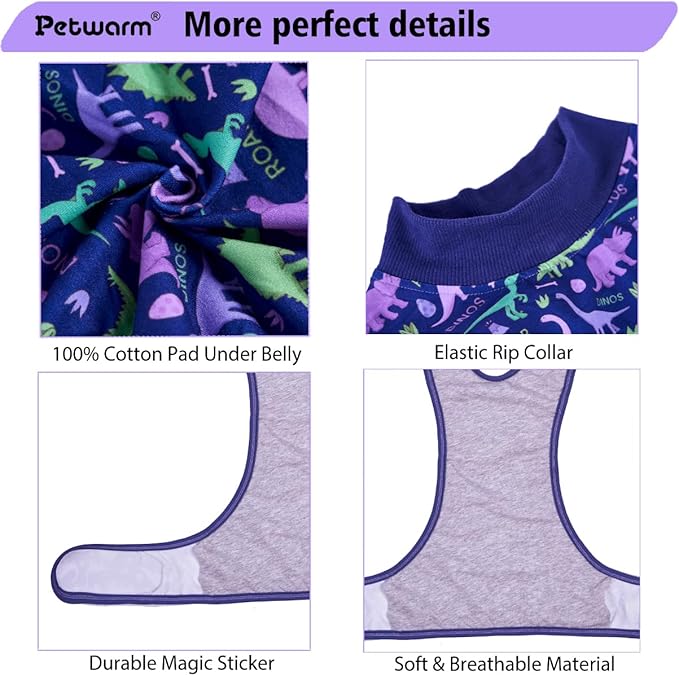 PetWarm Dog Recovery Suit Male Neutered Surgery, Onesies for Dogs, Dog Cone Alternative After Surgery, Substitute E-Collar and Cone Prevent Pet Surgery Recovery Suit, Dinosaur pattern, Blue Purple, XL