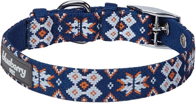 Blueberry Pet Southwestern Modern Tribal Print Navy Braided Adjustable Dog Collar with Metal Buckle, Neck 9-12.5", for Small Breed