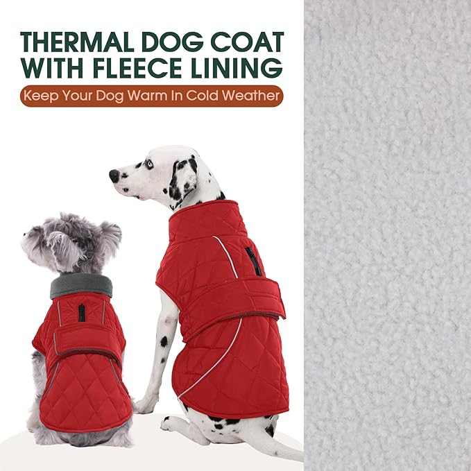 Kuoser Dog Coat, Super-Warm Dog Jacket Windproof Pet Cold Weather Coats for Extra Large Dogs, Fleece Lining Quilted Turtleneck Puppy Snowsuit Reflective Adjustable Doggie Winter Clothes, Red, 2XL