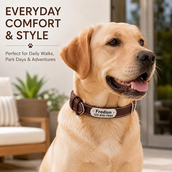 Personalized Leather Dog Collar with AirTag Holder Case, Custom Engraved Nameplate Dog Collar, Adjustable Genuine Leather Soft Padded Dog ID Collar for Medium Large X-Large Dogs-Brown Padded-XL