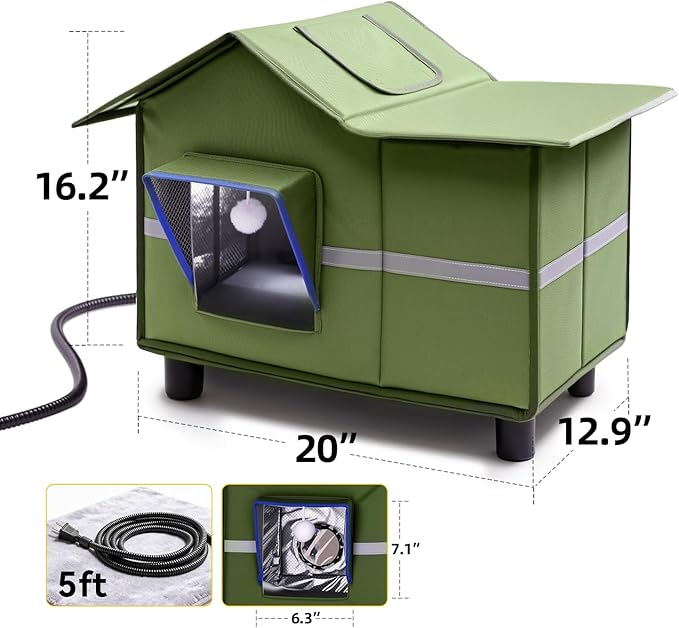 Heated Cat Shelter for Outside, Large Outdoor Cat House with Roof Window and Cozy Cushion, Weatherproof Foldable and Easy Assembly Design, Ideal for Stray and Feral Cats