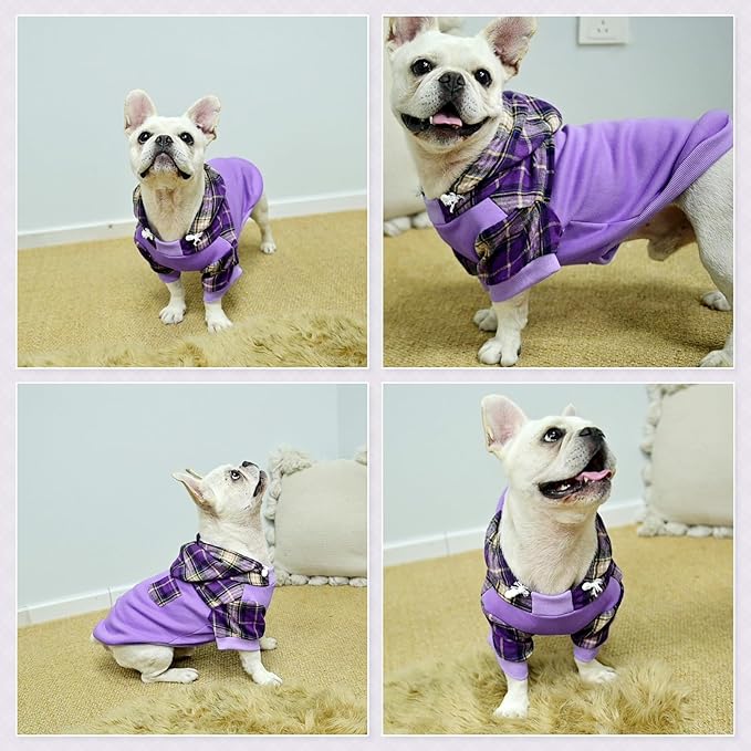 Plaid Dog Hoodie with Hat and Leash Hole, Warm Fleece Sweater for Small to Large Dogs, Soft Pullover in XS to L Sizes