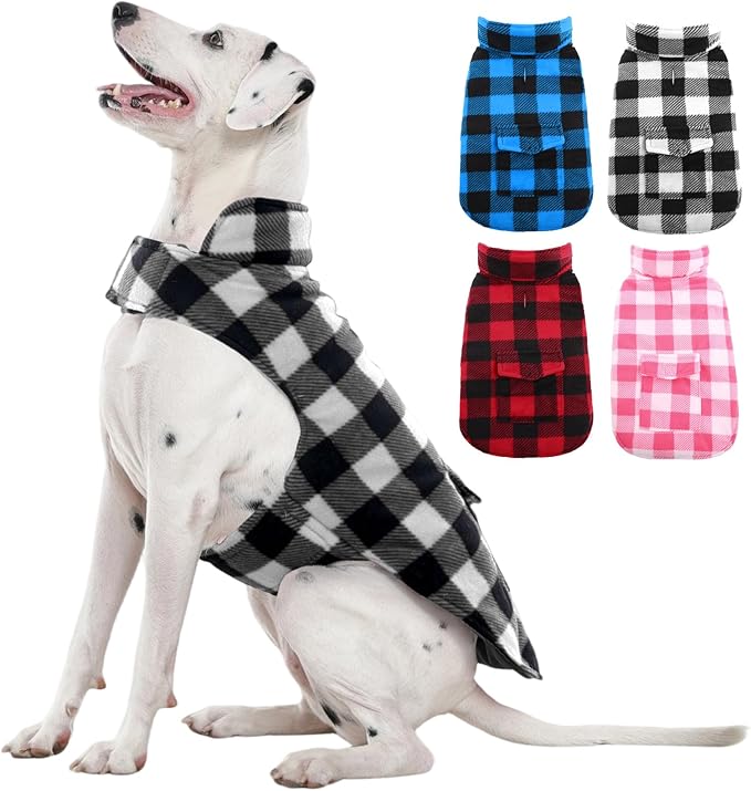Kuoser Dog Winter Coat, Windproof Dog Fleece Jacket British Style Plaid Cold Weather Doggie Vest Coats, Reversible Cozy Warm Pet Clothes Apparel for Large Size Dogs L
