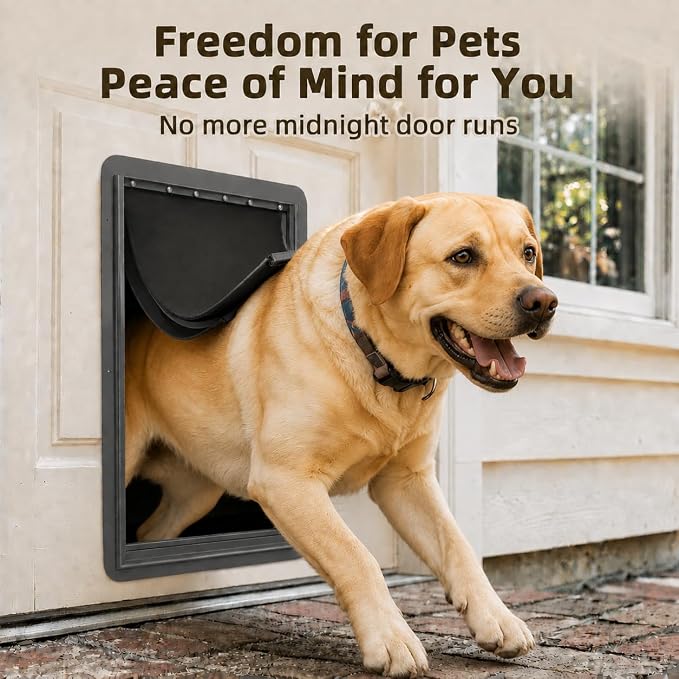 URSPET Large Dog Door for Door, 3-Flap Insulated, Steel Frame, Black | 10.25 x 16.25 in Usable Opening, For 1.7-2.4 in Doors, Compatible with PetSafe Door Cutouts, Lock Panel, Replaceable Flaps