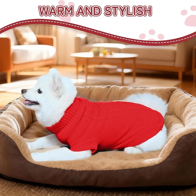 Knitted Dog Sweater for Small Dogs, Pullover Turtleneck Pet Sweaters, Winter Dog Clothes, Warm Soft Winter Holiday Cat Sweater, Red, S