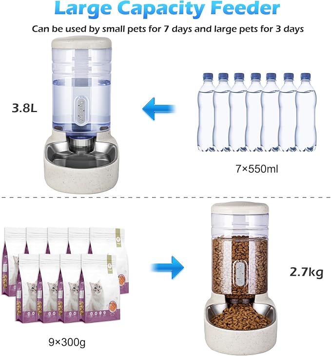 Automatic Cat Feeder and Water Dispenser with Stainless Steel Bowl Gravity Food Feeder and Waterer Set for Small Medium Dog Puppy Kitten 1 Gallon x 2(Beige)