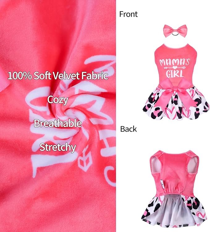 CuteBone Dog Dresses Velvet Mama's Girl Small Dogs Clothes Onesie Pet Apparel Girl Puppy Skirt with Bow Hair Rope CVA40XS-D