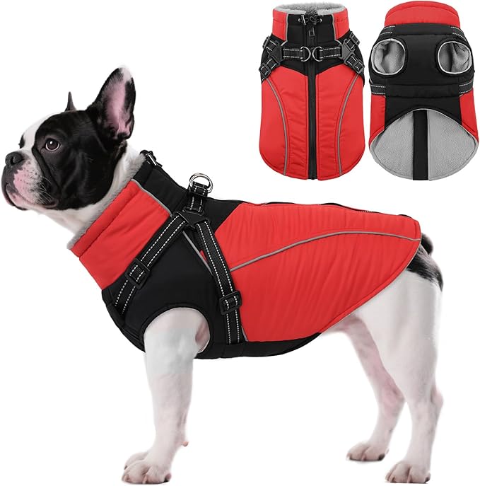 ASENKU Reflective Dog Coat with Built-in Harness, Windproof Fleece-Lined Dog Jacket for Small, Medium, Large Dogs, Warm Winter Vest with Turtleneck & Zipper (Red XS)