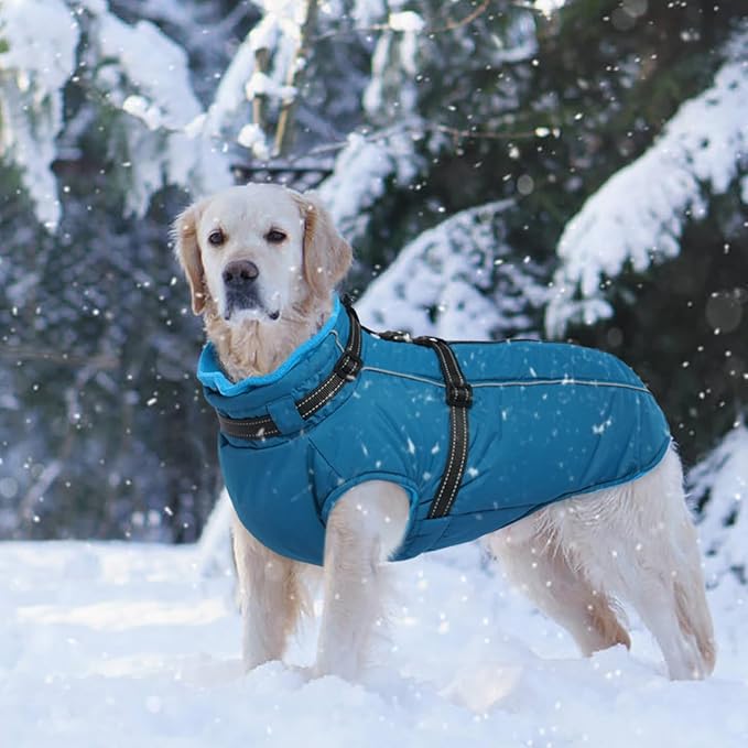 Lelepet Dog Coat for Large Dogs Waterproof Dog Jacket with Harness Built in Reflective Windproof Fleece Jacket with Zip Warm Winter Coats for Dogs Cozy Thermal Pet Snowsuit, Border Collie, Blue, XL