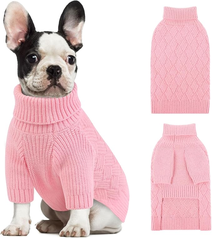 KOESON Large Dog Sweater, Warm Christmas Dog Sweaters for Large Dogs, Cable Knit Sweater for French Bulldog, Pug, Corgi, Boston Terrier, Easy On Xmas Sweaters for Dogs, Pink, L
