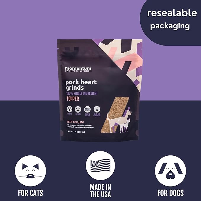 Momentum Carnivore Nutrition Freeze-Dried Pork Heart Pet Food Topper – Single-Ingredient, All-Natural Topper – High-Protein for Dogs and Cats, Grain-Free and Made in The USA– (3.75 oz Bag)