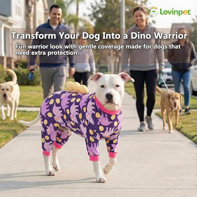 LovinPet Large Dog Pajamas, Four-Leg Stretch Onesie Bodysuit, Lightweight UV-Shielding Pajamas, Anti-Lick Calming Recovery Suit for Surgery, 3D Dino Egg Spikes, Easy on/Off， Purple， 3XL