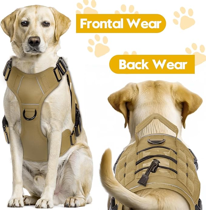 Heavy-Duty Tactical Dog Harness for Large Dogs, No Pull Adjustable Reflective Pet Vest with Molle System, K9 Military-Grade Control for Service Training, Outdoor & 10+ Breeds, Khaki, Medium