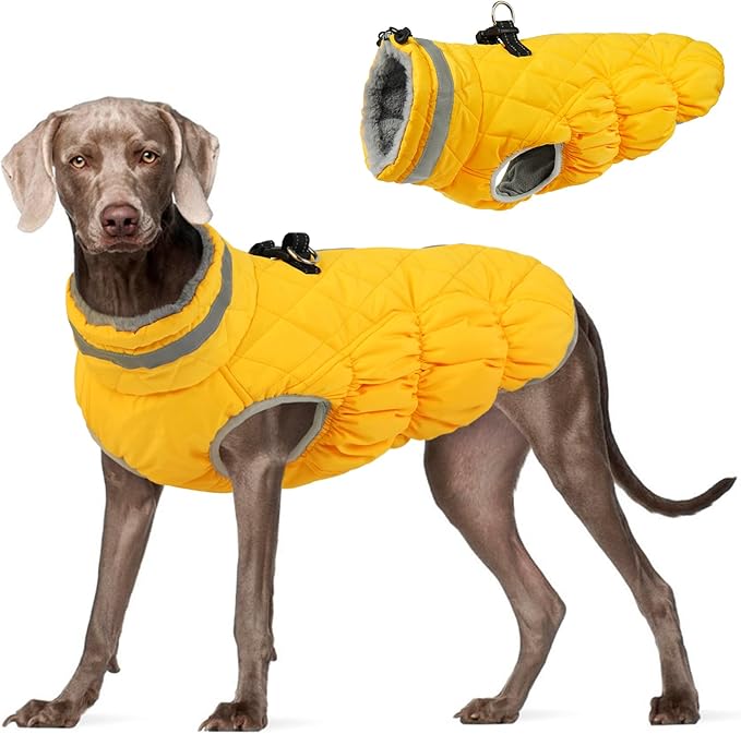 FUAMEY Dog Coat for Large Dogs,Waterproof Dog Winter Jacket with Harness Built in Puppy Cold Weather Coats Reflective Pet Vest with Zipper Warm Fleece Dogs Snowsuit Windproof Yellow 3XL