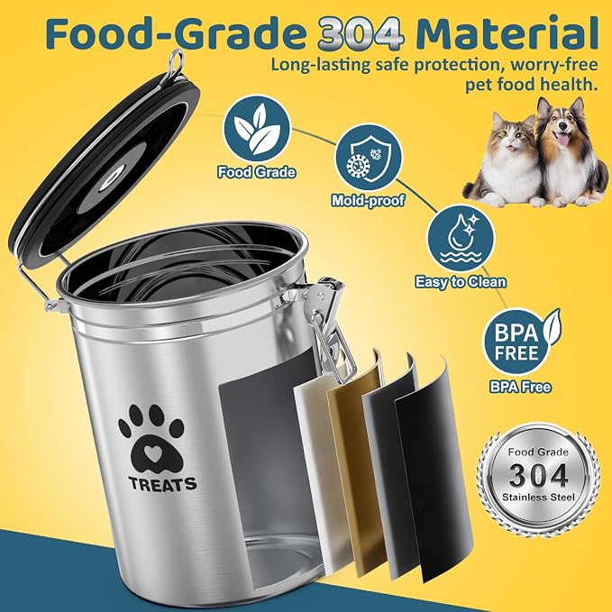 ENONCI Airtight Dog Treat Canister, 304 Stainless Steel Food Storage Jar with Date Dial Silver-1.5L