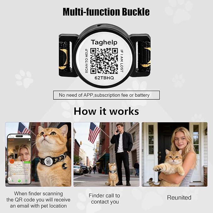 2 Pack Airtag Cat Collar, Breakaway Cat Airtag with Smart ID tag & QR Code Reflective (Star Moon & Paw Pattern - Pink, with Integrated AirTag Holder)