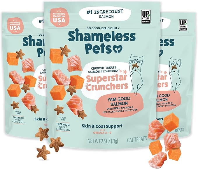 Shameless Pets Crunchy Cat Treats - Kitty Treats with Natural Salmon, Healthy Yam Good Flavors - 3-Pk