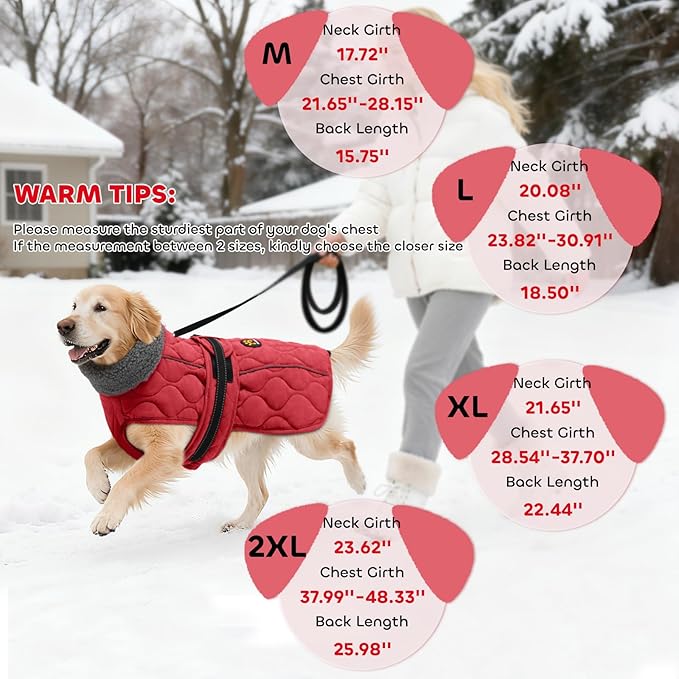 Dog Winter Coat, Adjustable Quilted Dog Snow Jacket with Fleece Lining, Water Resistant Pet Apparel for Cold Weather, Warm Large Doggie Coat with Leash Hole and Reflective Strip, NewRed L