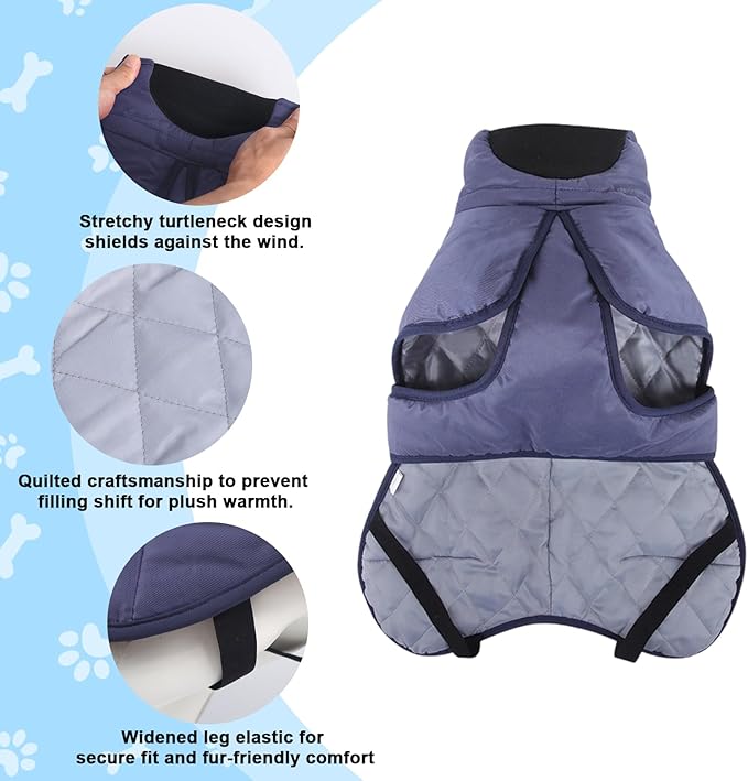 DoggieKit Dog Winter Coat, Waterproof Warm Jacket with Harness Built in, Reflective Cold Weather Doggie Vest, Windproof Turtleneck Pet Snowsuit, Adjustable Puffer Jacket for Medium Dogs, Navy XL