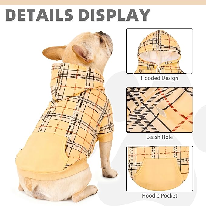 KOOLTAIL Plaid Dog Hoodie for Small Medium Large Dogs,Pet Clothes Sweater with Hat and Pocket for Cold Weather Winter, Soft&Warm Doggy Hooded Sweatshirt Coat Outfit for Puppy Cats Girls Boys Khaki M