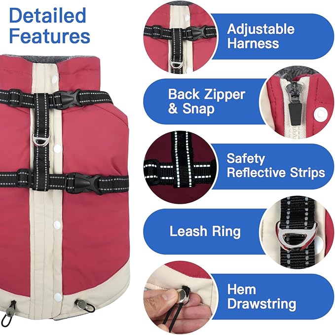 XX-Large Dog Winter Coat with Harness 2 in 1-for Walk The Dogs| Thick and Warm Lining for Cold Winter,Turtleneck Windproof Snowsuit with Sleeves,Night Reflective Harness(Pink)