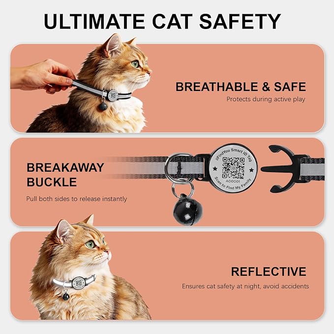 Breakaway Cat Collar QR Code, Reflective Bell, Adjustable Kitten Black 2pk