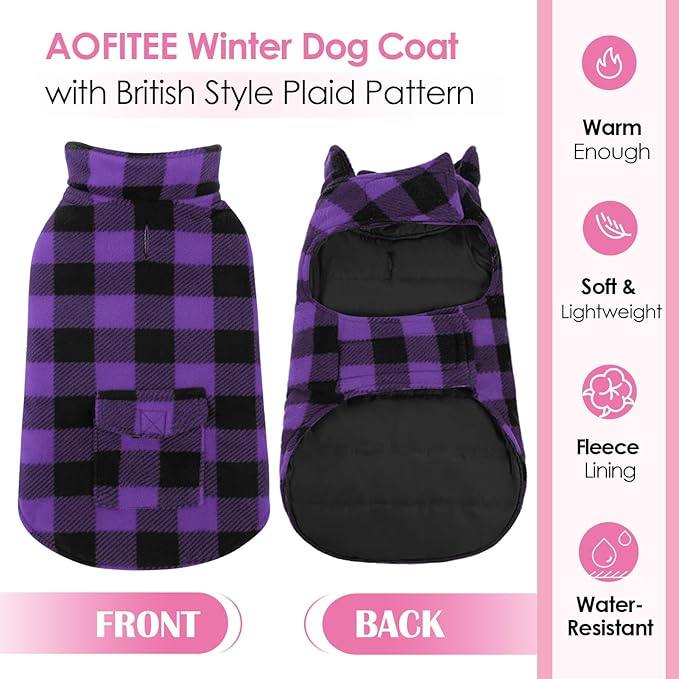 AOFITEE Dog Coat Plaid Dog Winter Coat for Large Dogs, Warm Dogs Jacket Christmas Sweater, Waterproof Pet Puffer Jacket, Reversible Pet Cold Weather Coats for Small Medium Large Pets, Purple XXL