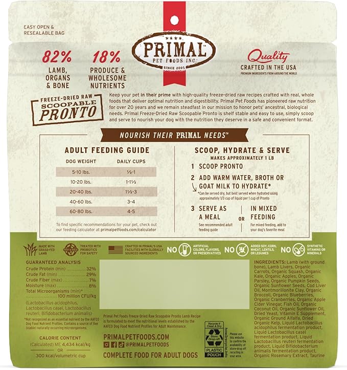 Primal Freeze Dried Dog Food, Pronto Mini Nuggets, Lamb; Scoop & Serve, Complete & Balanced Meal; Also Use as Topper or Treat; Premium, Healthy, Grain Free, High Protein Raw Dog Food (7 oz)