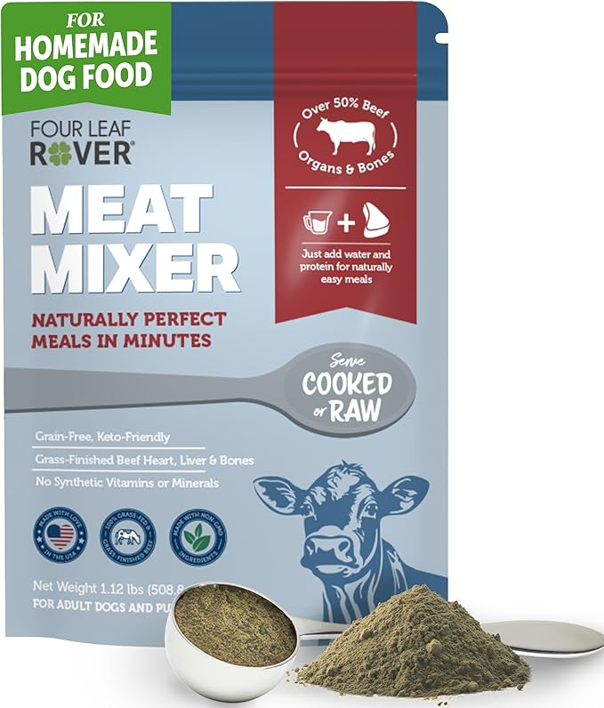 FOUR LEAF ROVER Meat Mixer - Premium Dog Food Base Mix for Homemade Dog Food - Easy to Prepare, Serve Cooked or Raw, with Grass-Finished Beef and Organic Greens - Grain Free 1.09 lbs