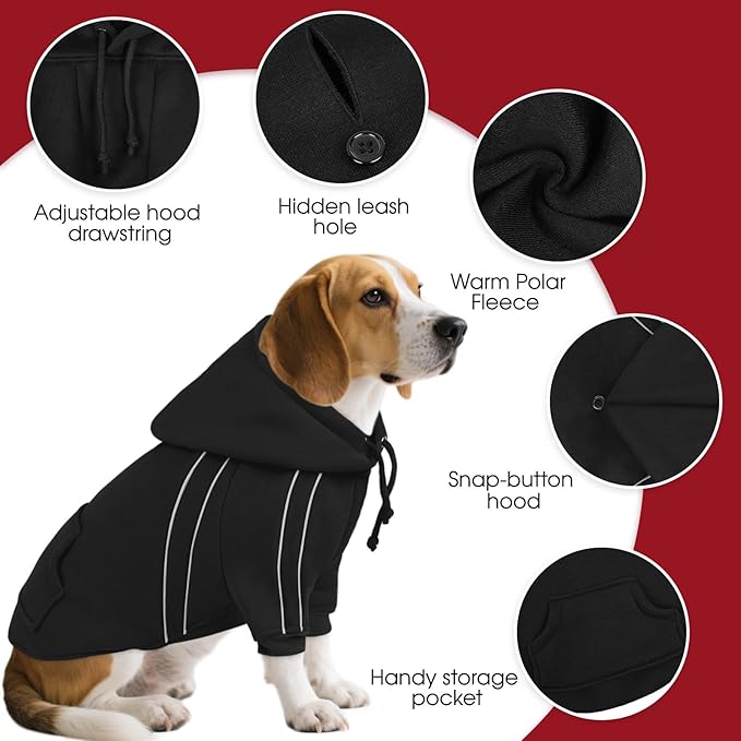 ASENKU Cozy Dog Hoodie，Soft Sweater with Adjustable Hood, Back Pocket and Leash Access Hole，Warm Reflective Sweatshirt for Cold Weather（Black，S