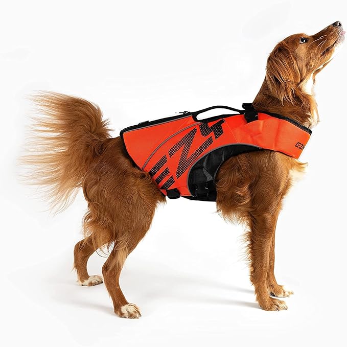 EzyDog DFD X2 Dog Life Jacket - Adjustable Swimming Safety Life Vest Preserver with Continuous Neck Flotation, Reflective Trim, & Grab Handle (3XS, Red)