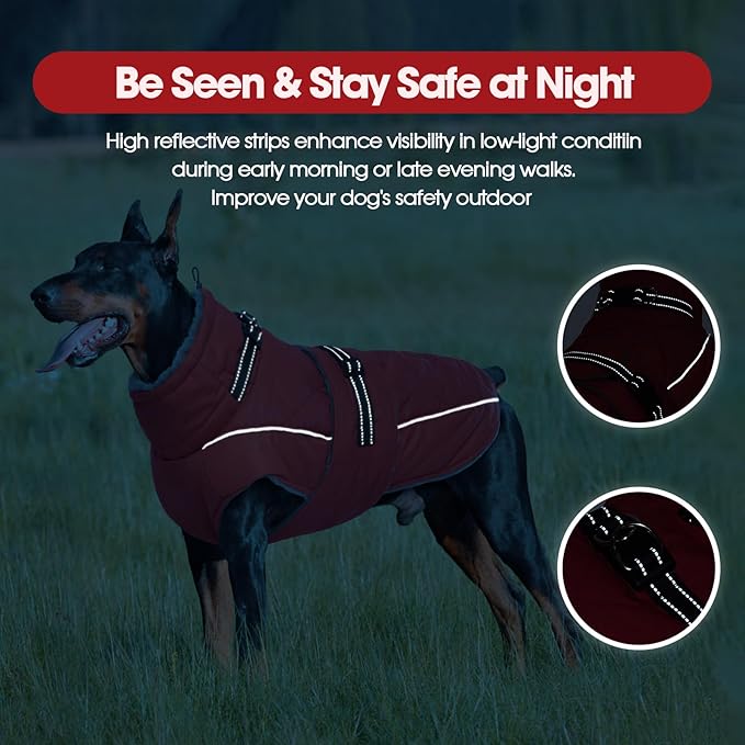 QBLEEV Warm Dog Jacket - Reflective, Adjustable Winter Coat with Turtleneck for Cold Weather, Waterproof Fleece Snowsuit for Small, Medium, Large Dogs