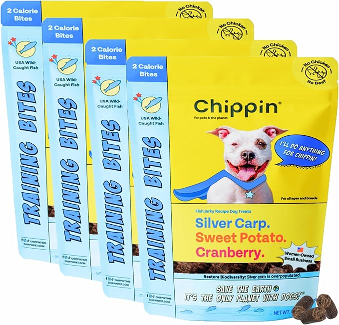 Chippin Fish Jerky Natural Dog Training Treats | Made in USA, Grain-Free, Hypoallergenic & Human-Grade Protein | Puppies & Senior Dogs | Low Fat (4-Pack, Wild-Caught Fish)