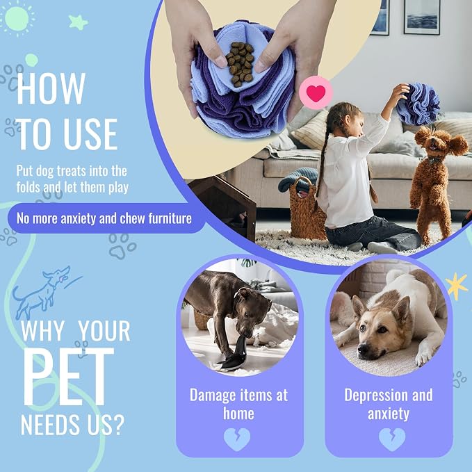 Pet Snuffle Ball, Puzzle Sniffing Interactive Dog Ball for Blind Dogs Training Stress Relief Dog Enrichment Toys Treat Machine Washable (15cm, Gradient Purple)