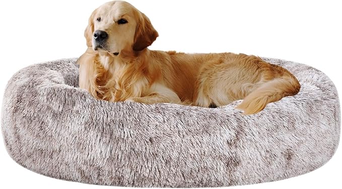 Coohom Oval Calming Donut Cuddler Dog Bed,Shag Faux Fur Cat Bed Washable Round Pillow Pet Bed(30"/36"/43") for Medium Dogs (XL(36"x27"x7"),Light Brown)