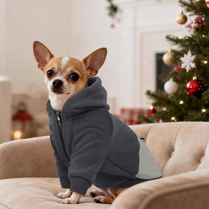 Dog Hoodie for Large Dogs, Fleece Sweatshirt with Pocket Long Sleeves Adjustable Zip, Warm Jacket Boy Girl for Bulldog Pug, Cold Weather Christmas Holiday Indoor Outdoor, Grey, XL