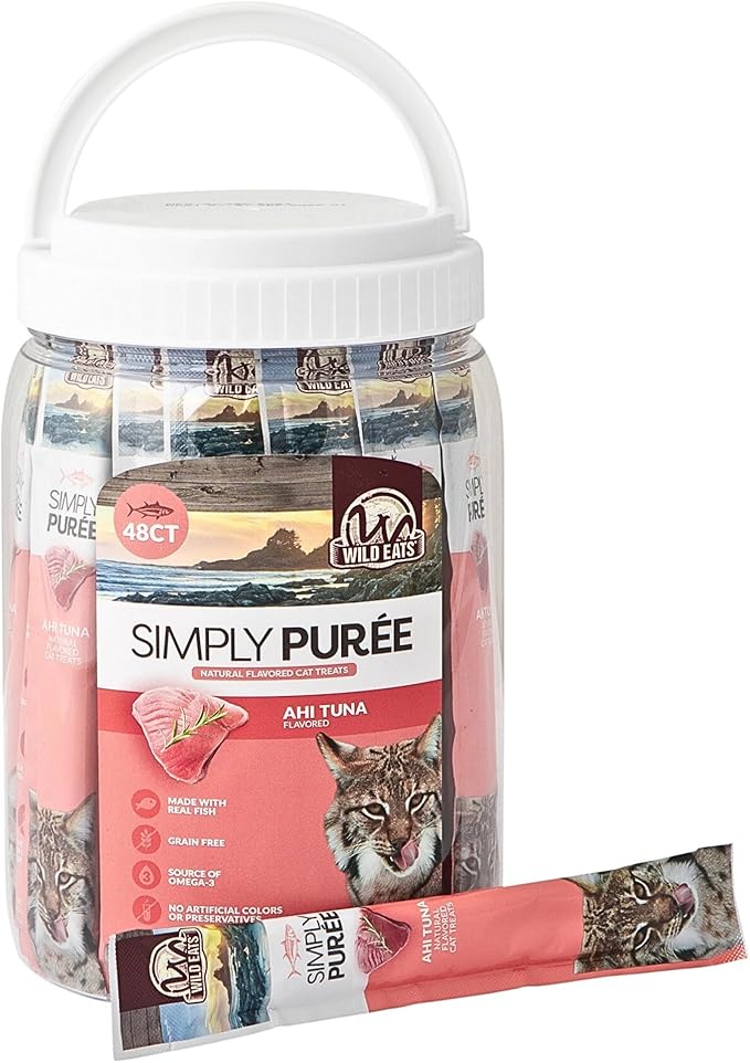 Wild Eats Simply Puree Ahi Tuna Tub for Cats | 48 Individual Servings of High-Protein, All-Natural Grain-Free Cat Treats | Easy-to-Serve, Delicious Puree Perfect for Snacking or Rewarding Your Cat