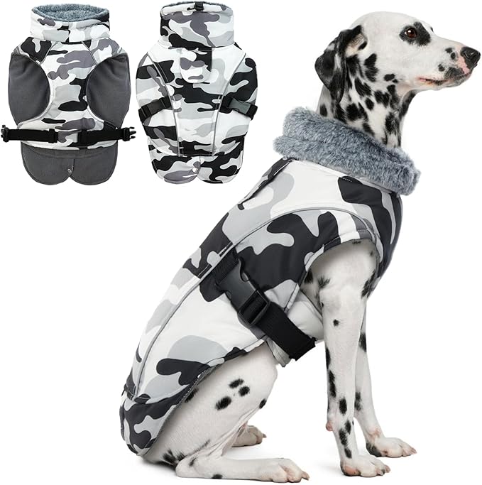 DENTRUN Large Dog Winter Coat - Windproof Reflective Warm Coat, Adjustable Neck & Snap Closure, Water Repellent Thick Fleece Vest, Fleece Lined for for Golden Retriever, White Camo, XL