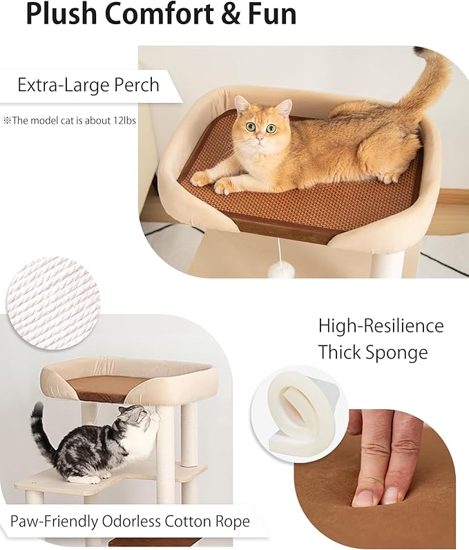 LULUCAT Modern Cat Tree for Large Cats, 37.5-Inch Tall Cat Tree Tower with Wide Shelves Low Step Cotton Scratching Posts, Super Sturdy Base, Cozy Perches, and Interactive Toys for Indoor (95cm White)