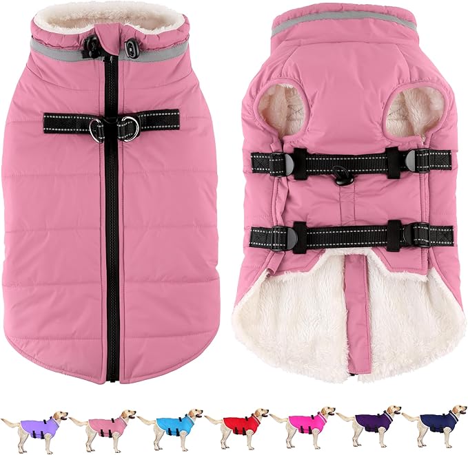 Dogcheer Dog Coat with Harness, Waterproof Dog Jacket Adjustable Winter Coat with Zipper, Christmas Puppy Snow Jacket Fleece Sweater for Small Medium Large Dogs - Light Pink 3XL