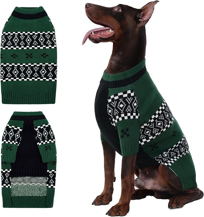 ROZKITCH XXXL Dog Sweater for Extra Large Dog Sweaters with Front Legs, Super Warm Knit Fleece Fair Isle Sweater for Boxer Golden Retriever Labrador Green 3XL