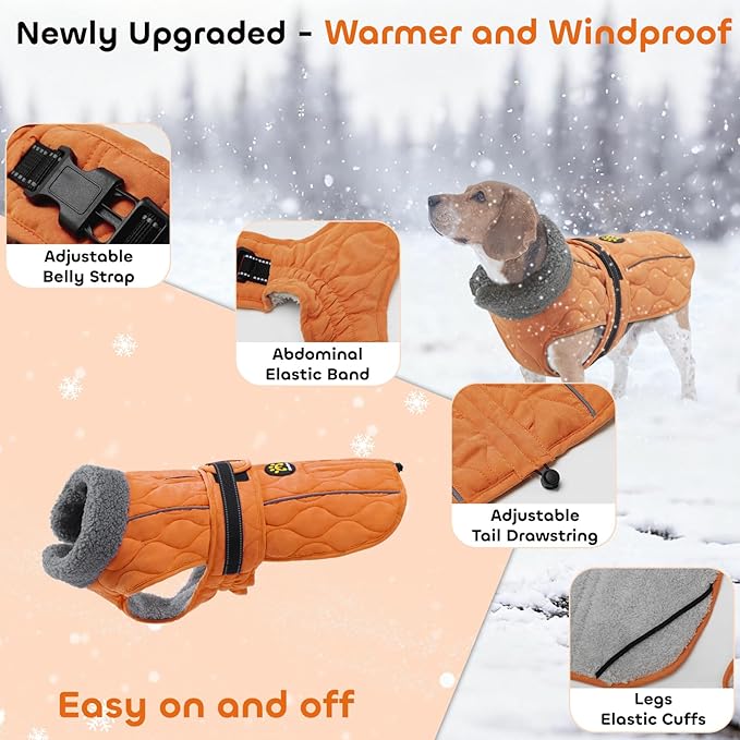 Dog Coat Winter, Waterproof Quilted Dog Jacket for Cold Weather, Reflective Adjustable Puppy Winter Coat, Warm Turtle-Neck Pet Fleece Snow Jacket for XX-Large Dogs, NewOrange XXL